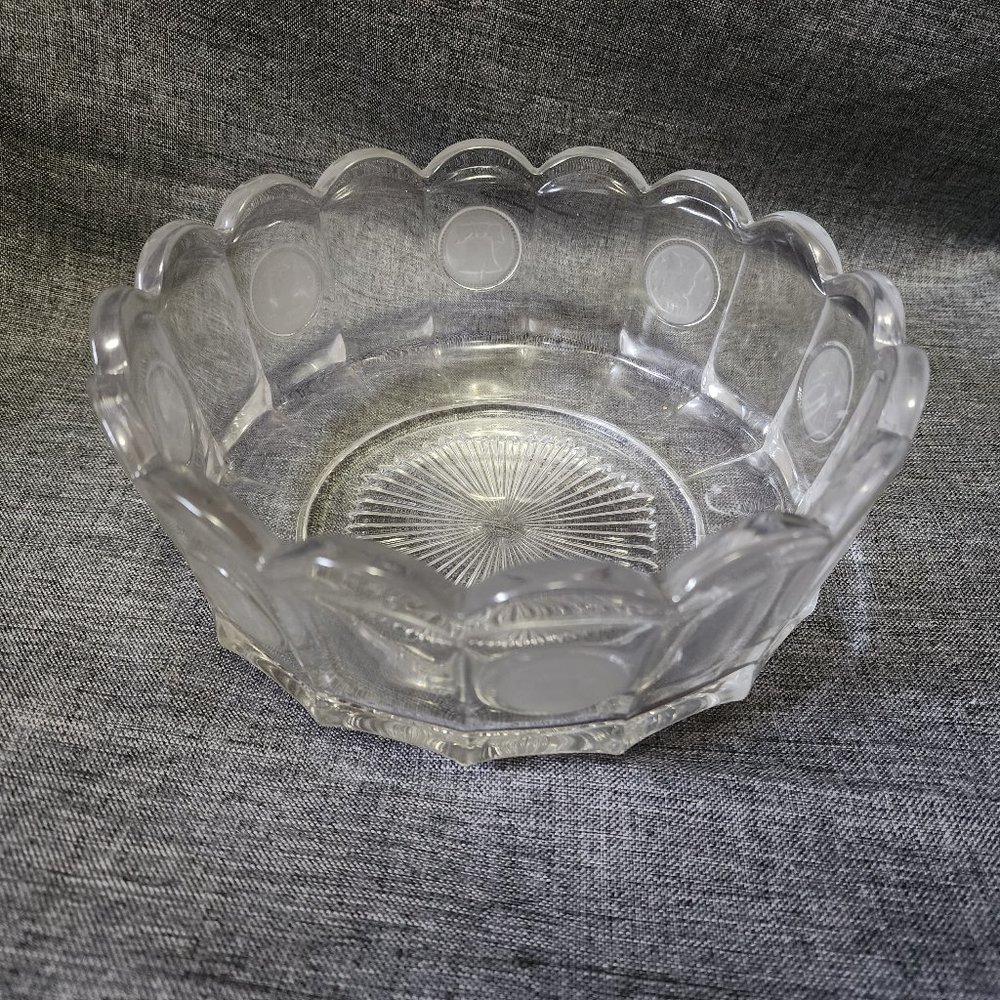 Fostoria Clear Coin Glass Minute Men & Liberty Bell 7 1/2" Round Serving Bowl